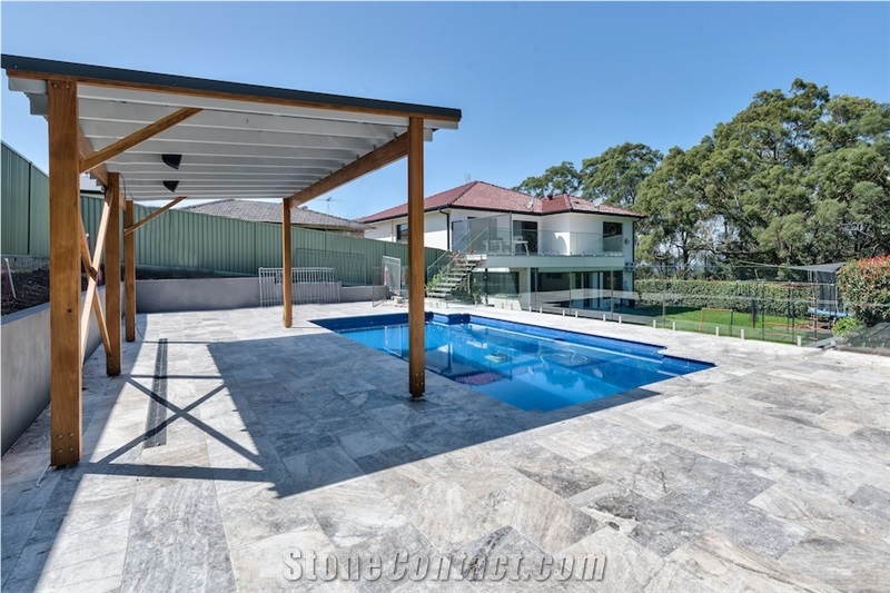 Silver Blue Travertine Pool Terrace Pattern