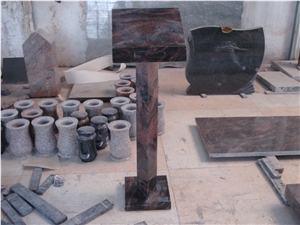 Granite Cross Tombstone and Stone Vases