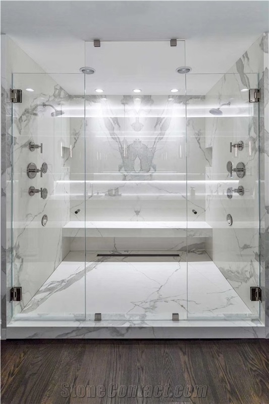 White Calacatta Bathroom Quartz Wall