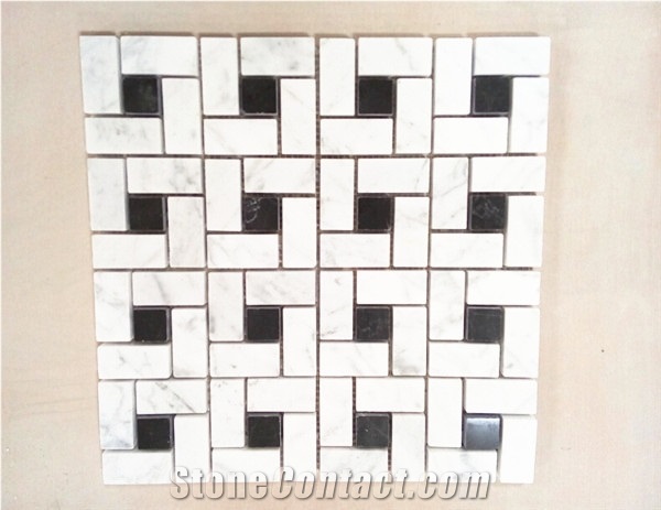 Carrara White Pinwheel with Black Dot Mosaic Tile