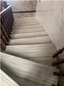 Veroia Striped White Wood Marble for Stairs Risers