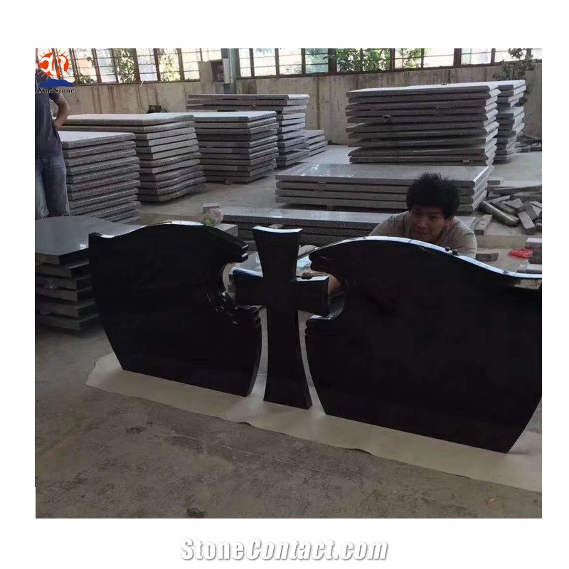 Shanxi Black Granite Cross Shape Double Headstone