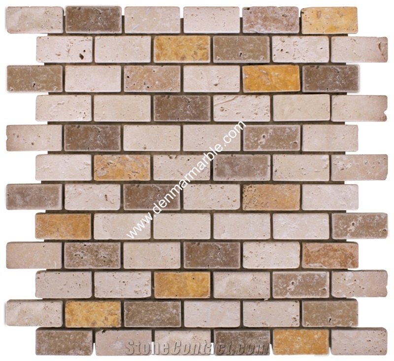 1"X2" Brick Mix Travertine Tumbled Mosai