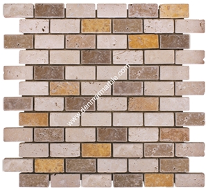 1"X2" Brick Mix Travertine Tumbled Mosai