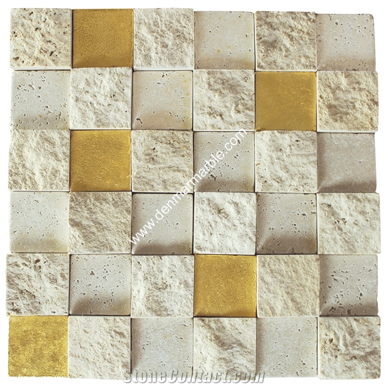 2"X2" Light Travertine & Gold Plated Mosaic