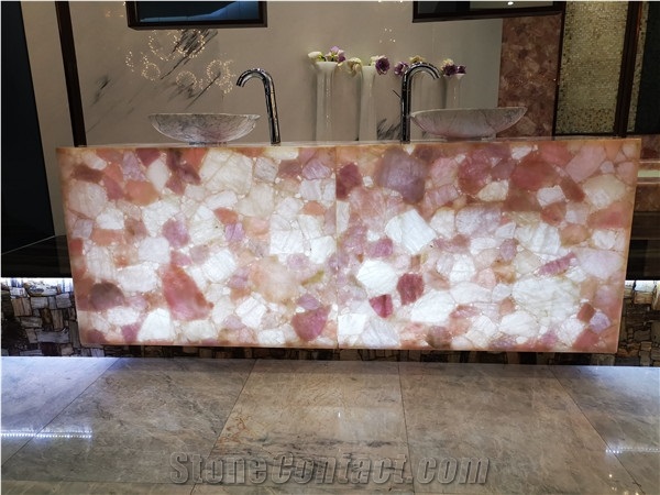 Polishde Man-Made Pink Quartzite Bathroom Slabs
