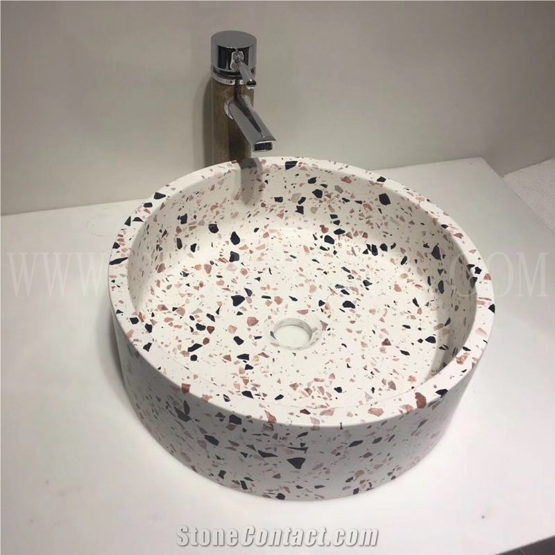 White Terrazzo Stone Polished Round Bathroom Sinks