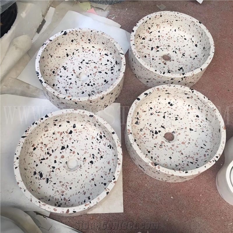 White Terrazzo Stone Polished Round Bathroom Sinks