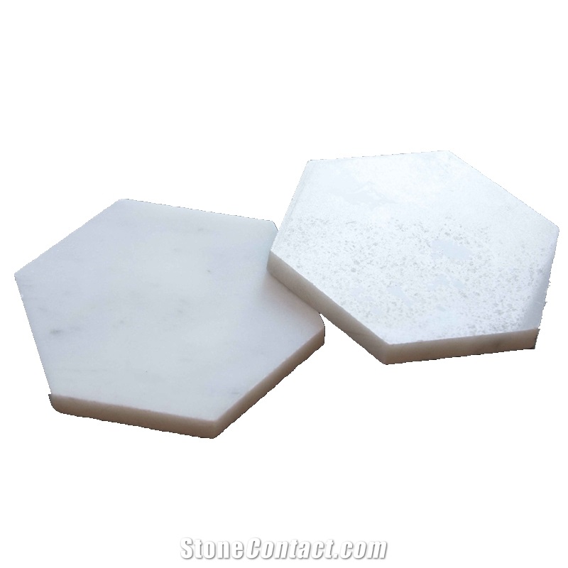 Hexagon Cararra White Marble Coasters