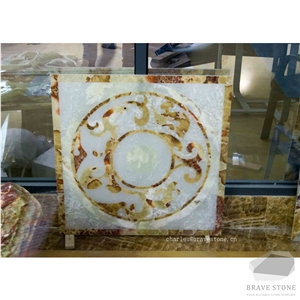 Snow White Onyx Waterjet Medallion Square Pattern