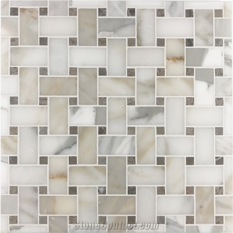 Calacatta Gold Marble, Goletta Grey Marble Basketweave Mosaic
