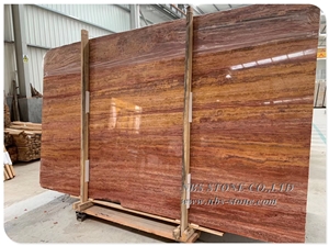 Polished Natural Red Travertine Slab Flooring