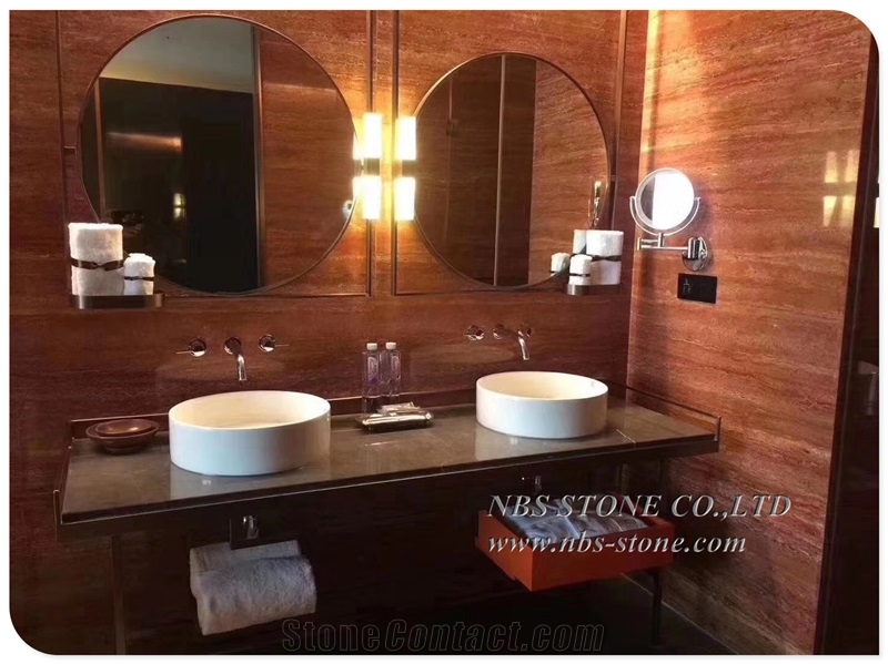 Polished Natural Red Travertine Slab Flooring