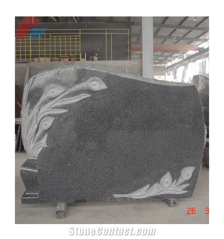 Black Granite Headstone with Lily Carvings
