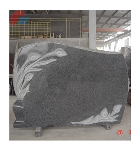 Black Granite Headstone with Lily Carvings