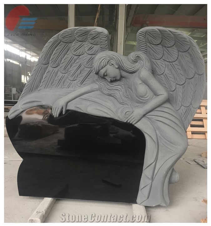 Black Granite Monument with Angel Half-Lying Aside