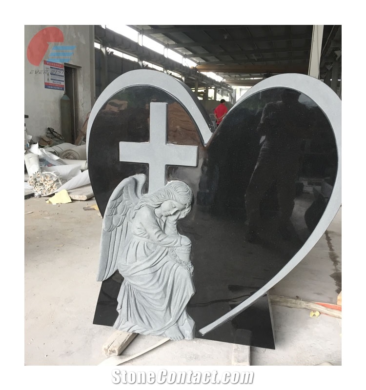 Black Granite Tombstone with Semi-Carved Angel