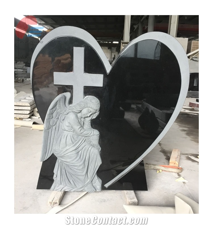 Black Granite Tombstone with Semi-Carved Angel