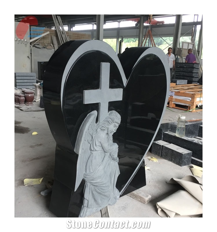 Black Granite Tombstone with Semi-Carved Angel