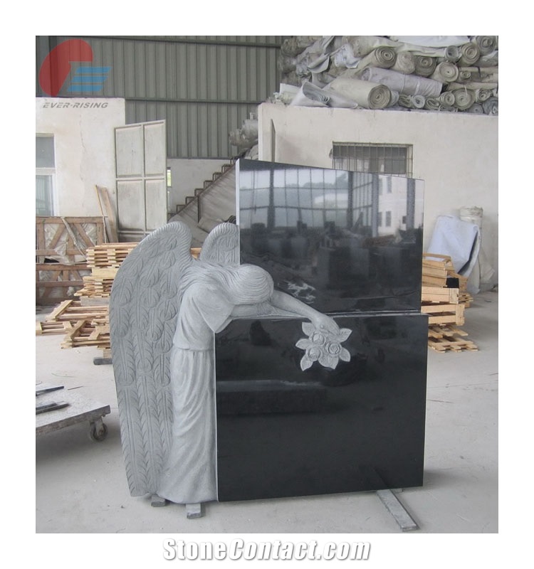 Black Square Headstone with a Mourning Angel