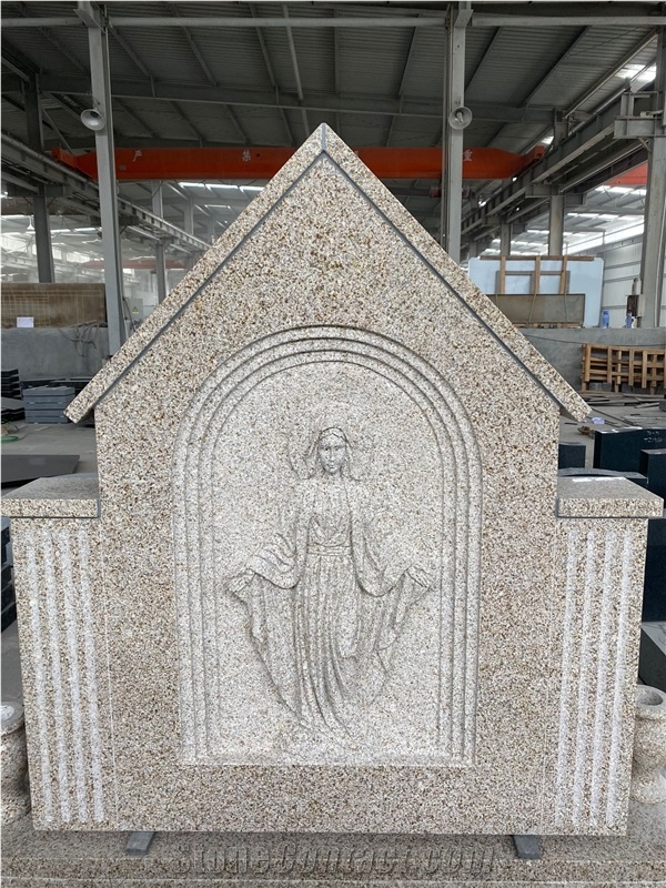 G682 Yellow Beige Custom Monument with Mary Relief