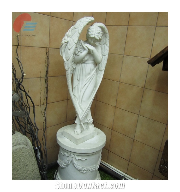 Meditating White Marble Angel Sculpture