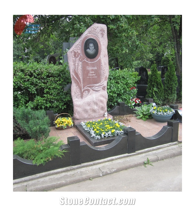 Pink Granite Headstone with Black Granite Curbs