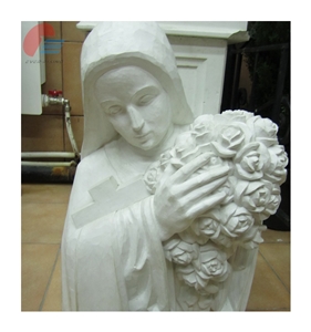 White Marble Carved Maria Holding Roses