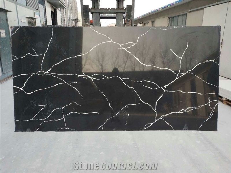 Black Artificial Quartz Slabs For Countertops Vanities