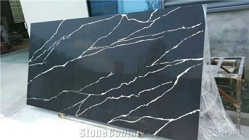 Black Artificial Quartz Slabs For Countertops Vanities