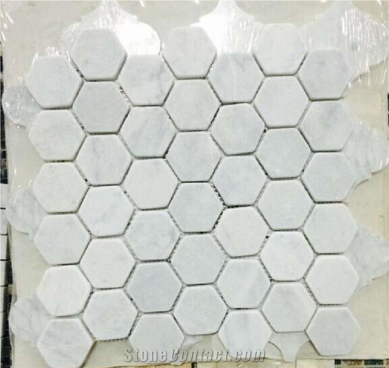 Hexagon Composited White Marble Mosaics Laminated