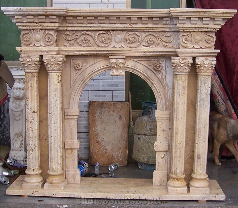 Statuario White Marble Stone Stacked Fireplace