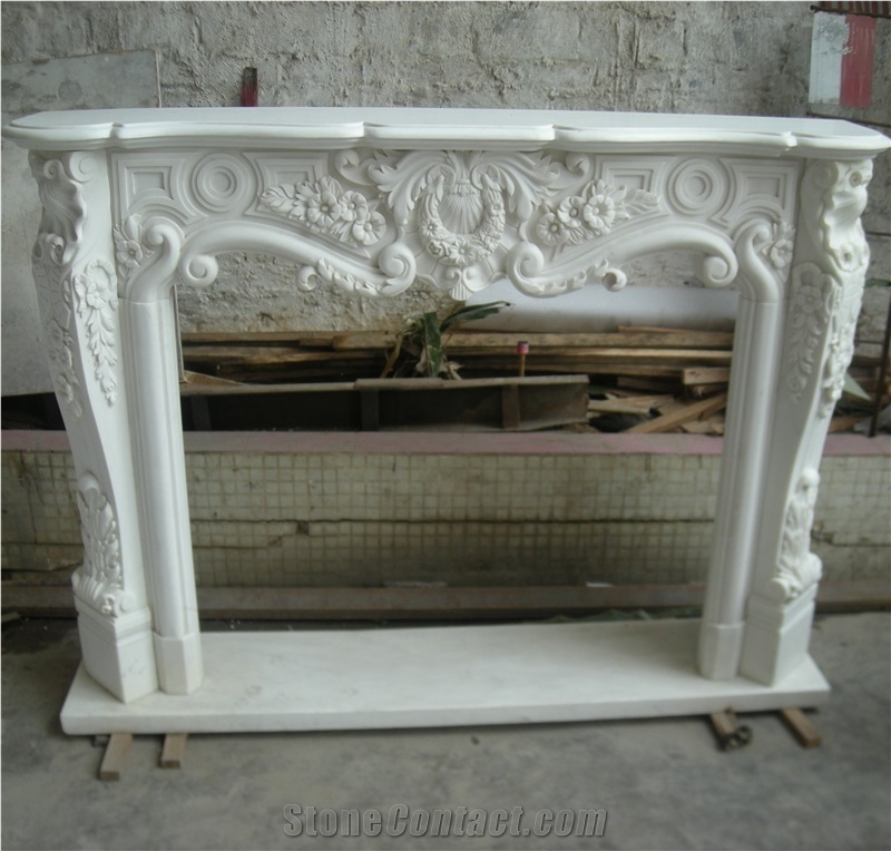 Statuario White Marble Stone Stacked Fireplace