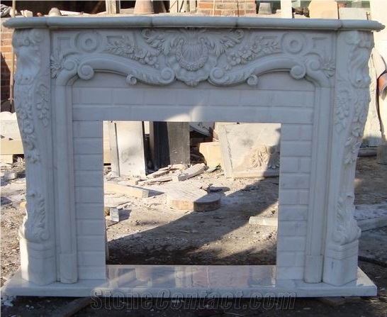 Statuario White Marble Stone Stacked Fireplace