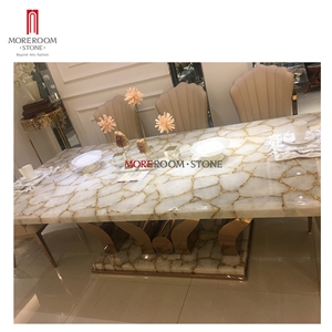 White Semiprecious Stone Dining Table Set 6 Chair