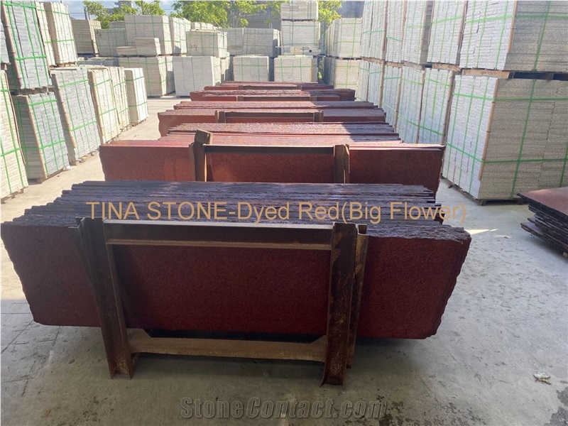 Dyed Red Big Flower Granite Tile Slabs