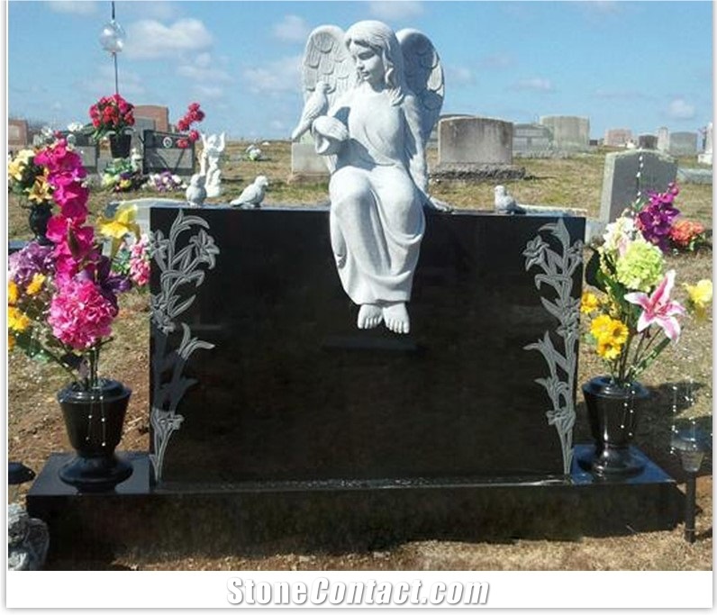 Angel with Heart Shape Grey Granite Gravestones