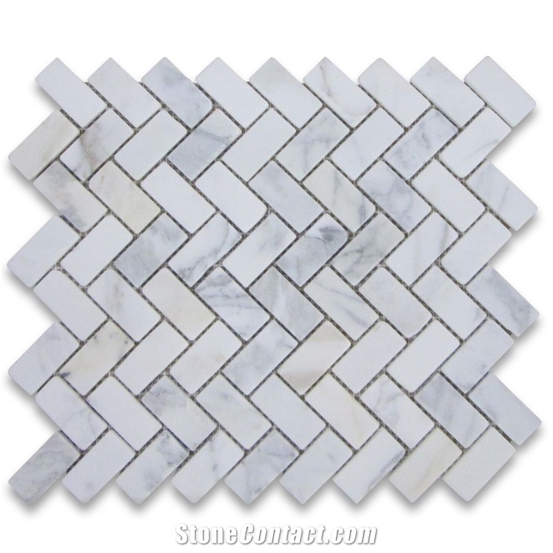 Calacatta Gold 1x2 Herringbone Mosaic Tile Tumbled