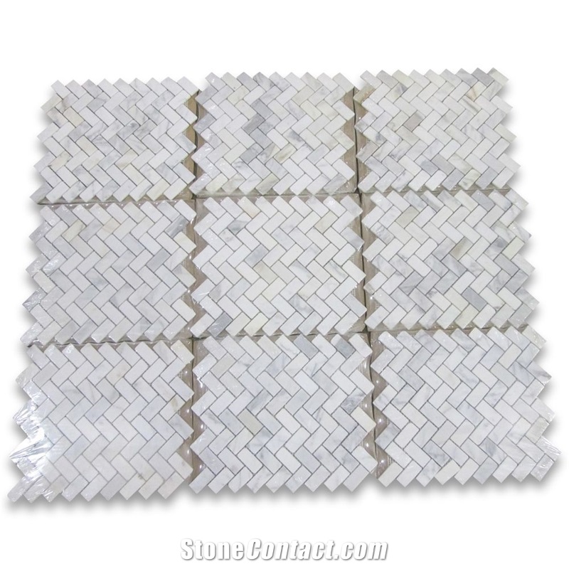 Calacatta Gold 1x2 Herringbone Mosaic Tile Tumbled