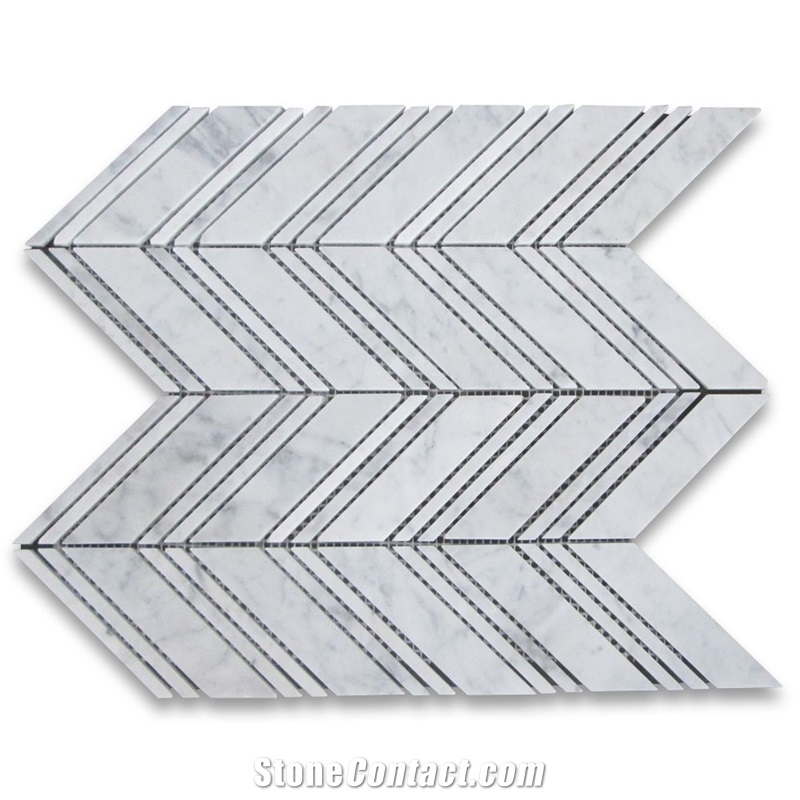 Carrara White 1x4 Chevron Mosaic Tile Lines Honed