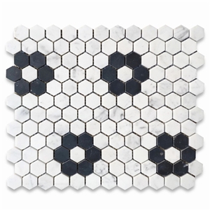 Carrara White Hexagon W Black Rosette Mosaic Pattern Tile