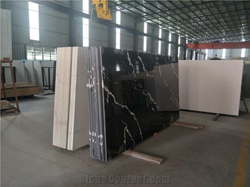 China Black with Vein Quartz Stone Slabs Ms6222