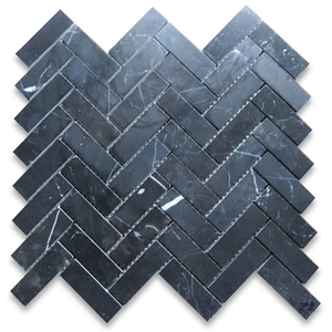 Nero Marquina Black Marble 1x3 Herringbone Mosaic