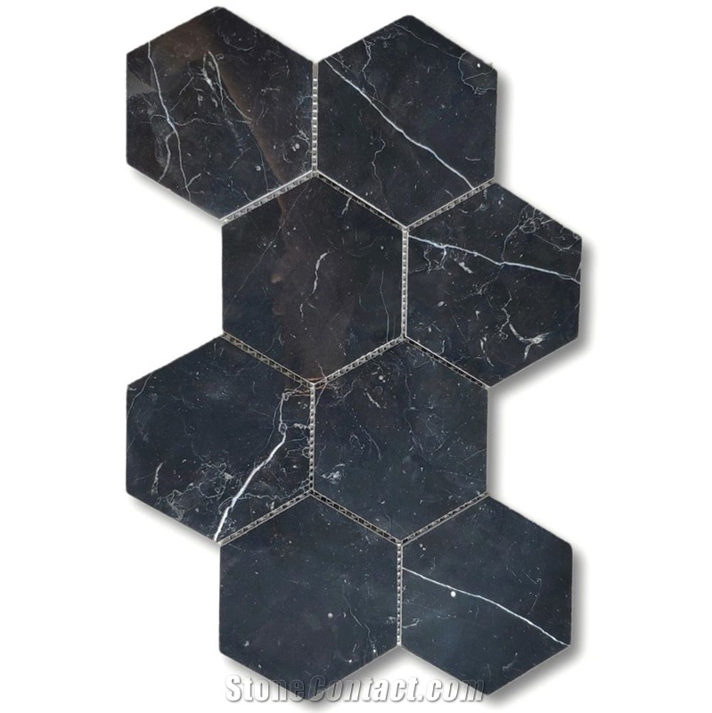 Nero Marquina Black Marble 5 Inch Hexagon Mosaic