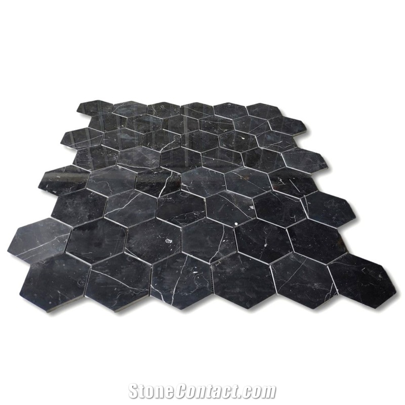 Nero Marquina Black Marble 5 Inch Hexagon Mosaic