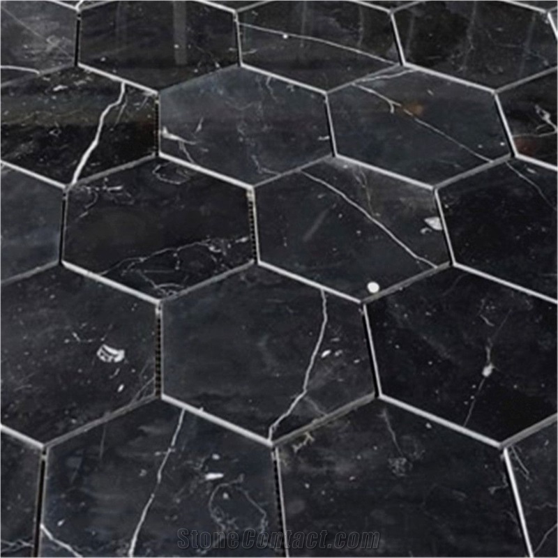 Nero Marquina Black Marble 5 Inch Hexagon Mosaic