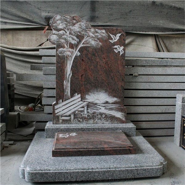 Polished Red Granite with Gole Engraved Tombstones
