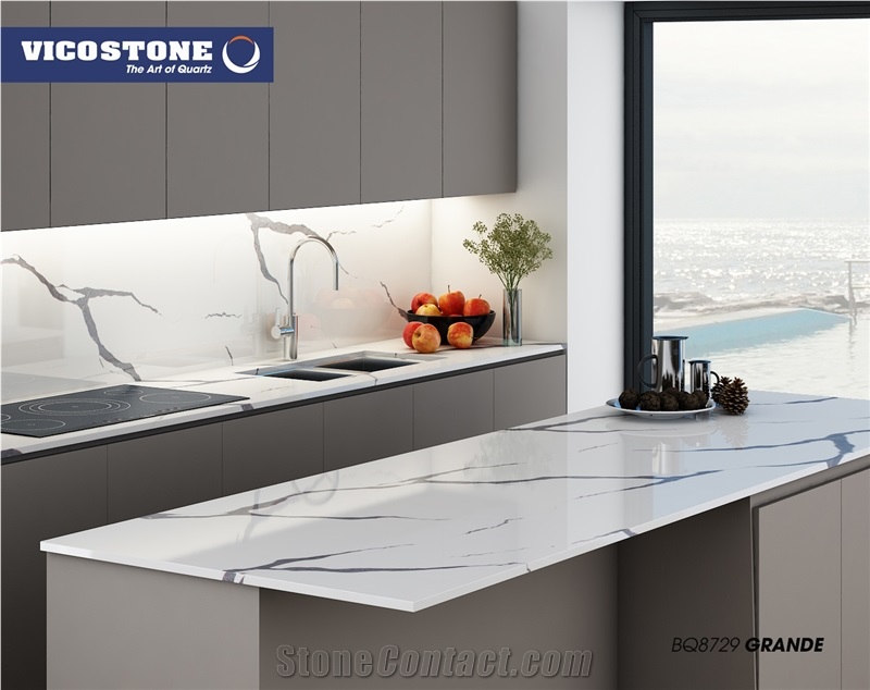 White Calacatta Quartz Slab Vicostone Bq8729
