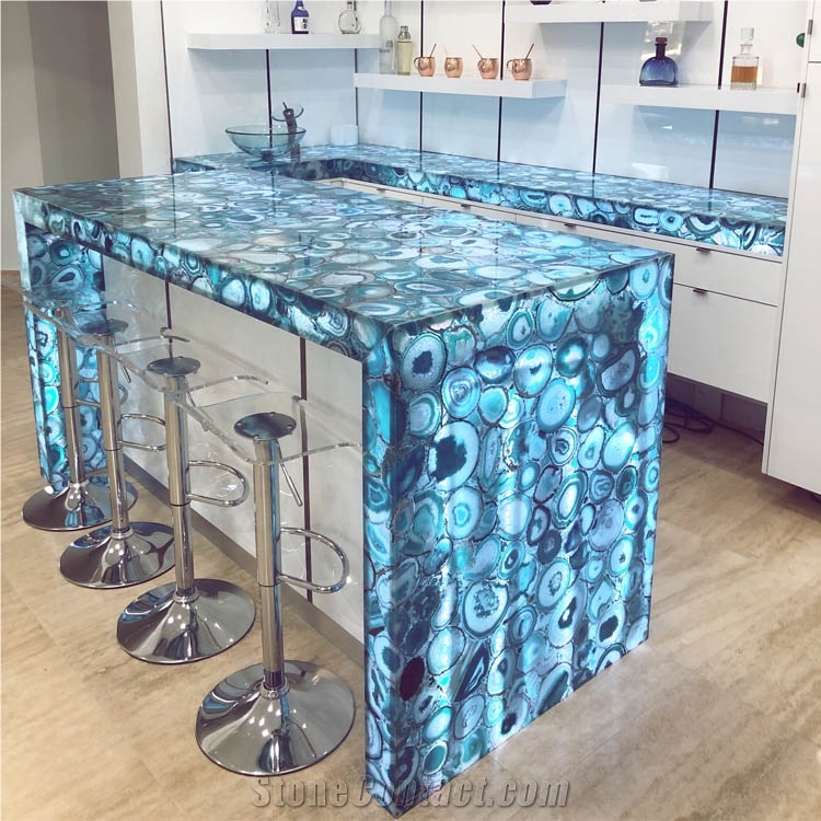 Translucent Backlit Blue Agate Bar Countertop