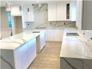 White Galaxy Calacata Quartz Stone Kitchen Countertop, Island Top White Galaxy Calacata Quartz Stone Kitchen Countertop, Island Top